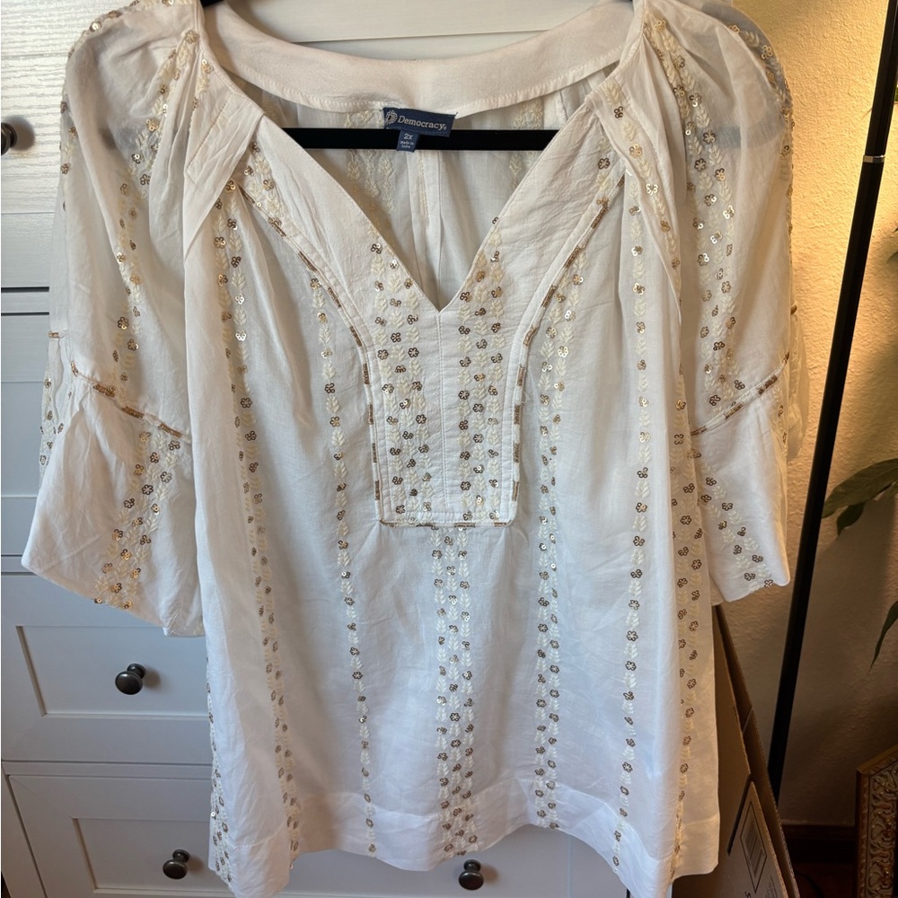 Democracy Ivory Embroidered Blouse Size 2X